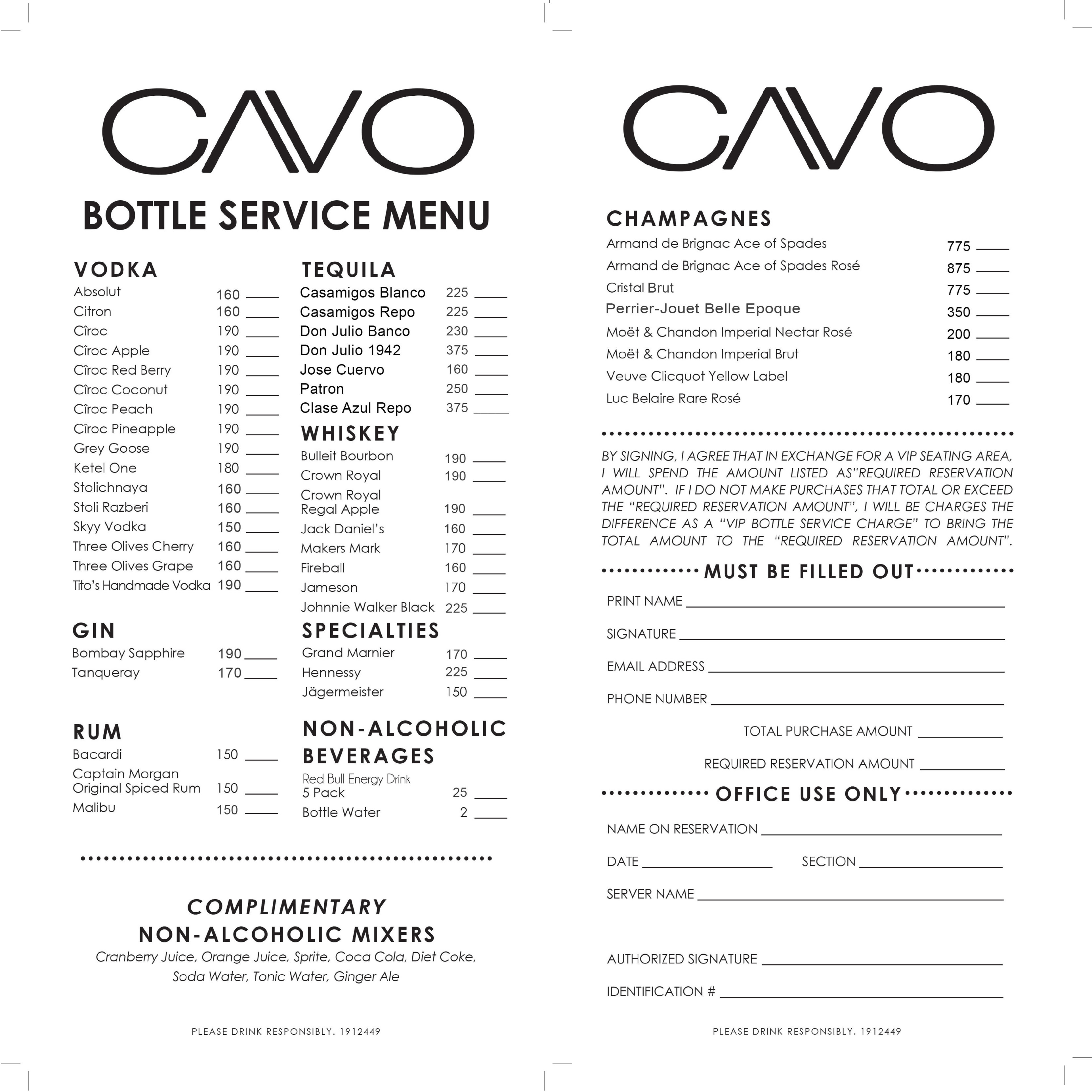 CAVO Bottle Service Menu